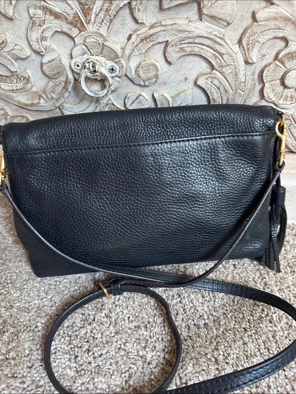Tory Burch Black Pebbled Leather Fold-Over Crossbody with Tassel
